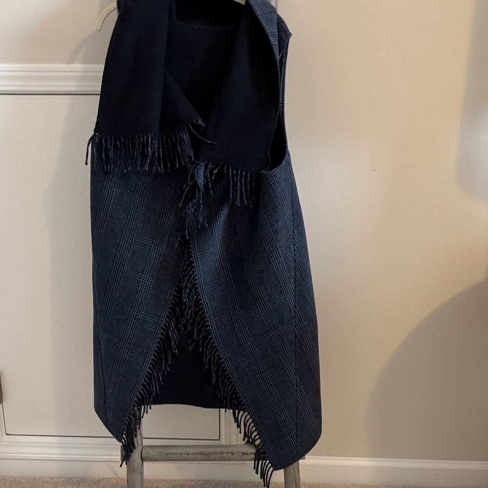 Navy Blue Plaid Fringe Vest